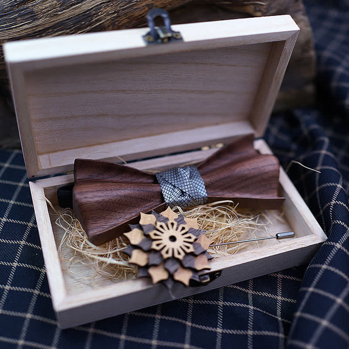 2Pcs Men's 3D Embossment Wooden Bow Tie Set