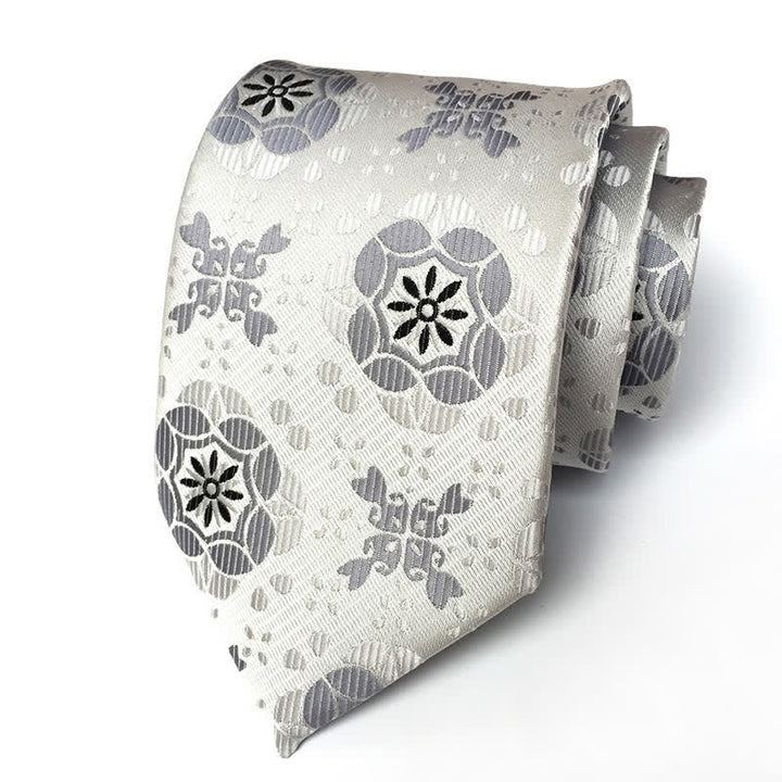 Men's Royal Geometric Medallion Flower Necktie - Silver & White - image 6