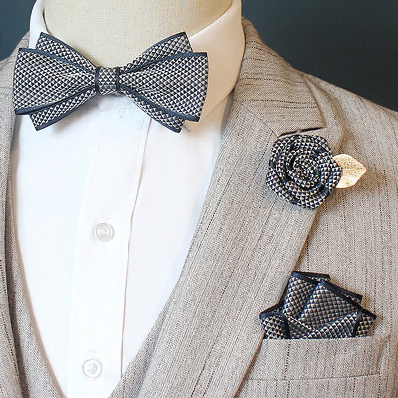 3Pcs Men's Micro Check Wedding Groom Bow Tie Set