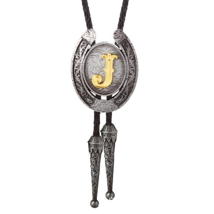 Modern Western Horseshoe Initial Letter A To Z Bolo Tie - Silver - J - image 39