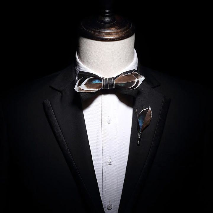 Classic Darkgreen Necktie Black Feather Bow Ties Bundle Set