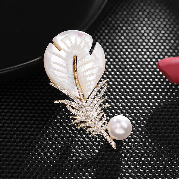 Women's Pearl Shell Feather Brooch