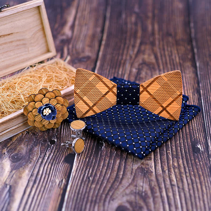 4Pcs Men's Carved Plaids Wooden Bow Tie Set