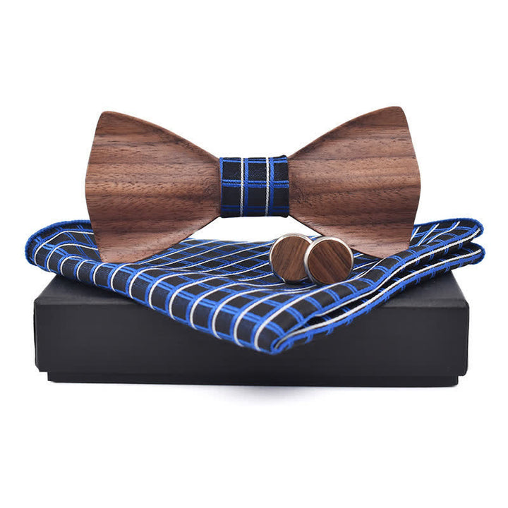 3Pcs Men's Black Walnut Wooden Bow Tie Set