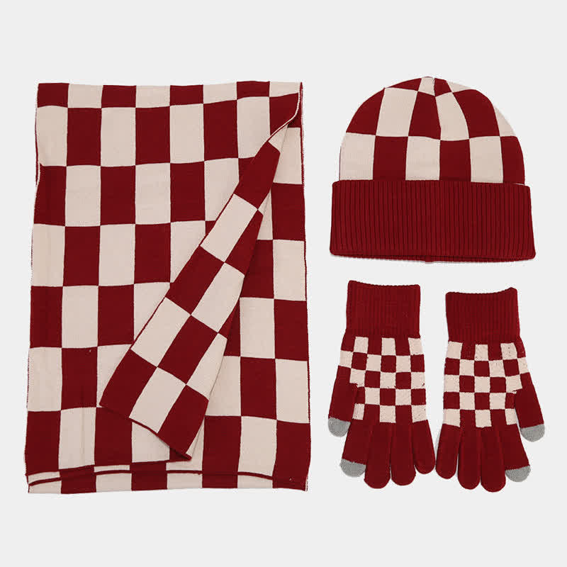 3Pcs Unisex Checkerboard Plaid Hat Scarf Gloves Set