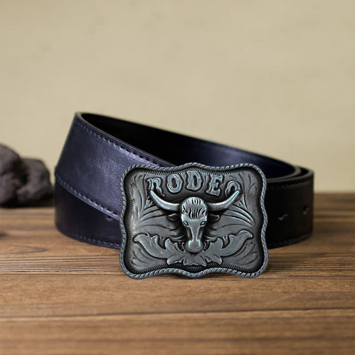 Men's DIY Silver Longhorn Bull Rodeo Buckle Leather Belt