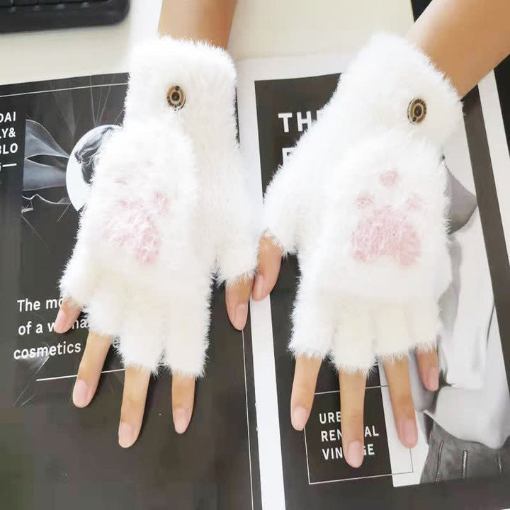 Women's Warm Cat Paw Print Mittens Fluffy Gloves