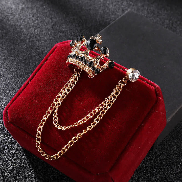 Men's Retro Crown Chain Rhinestones Brooch - Gold & Black - image 7