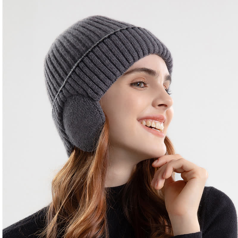 Unisex Solid Color Earflap Elastic Thickened Knit Hat