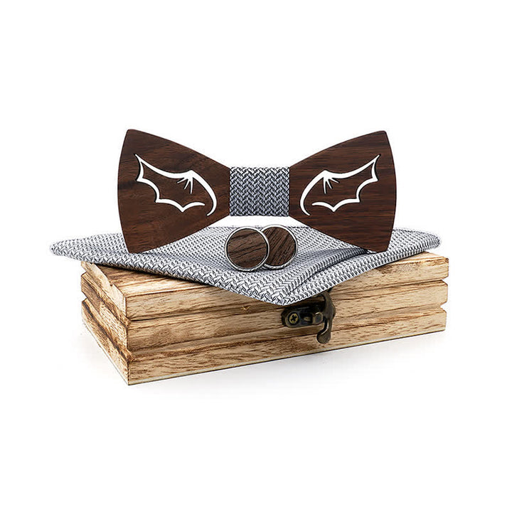 3Pcs Men's Demon Wings Wooden Bow Tie Set