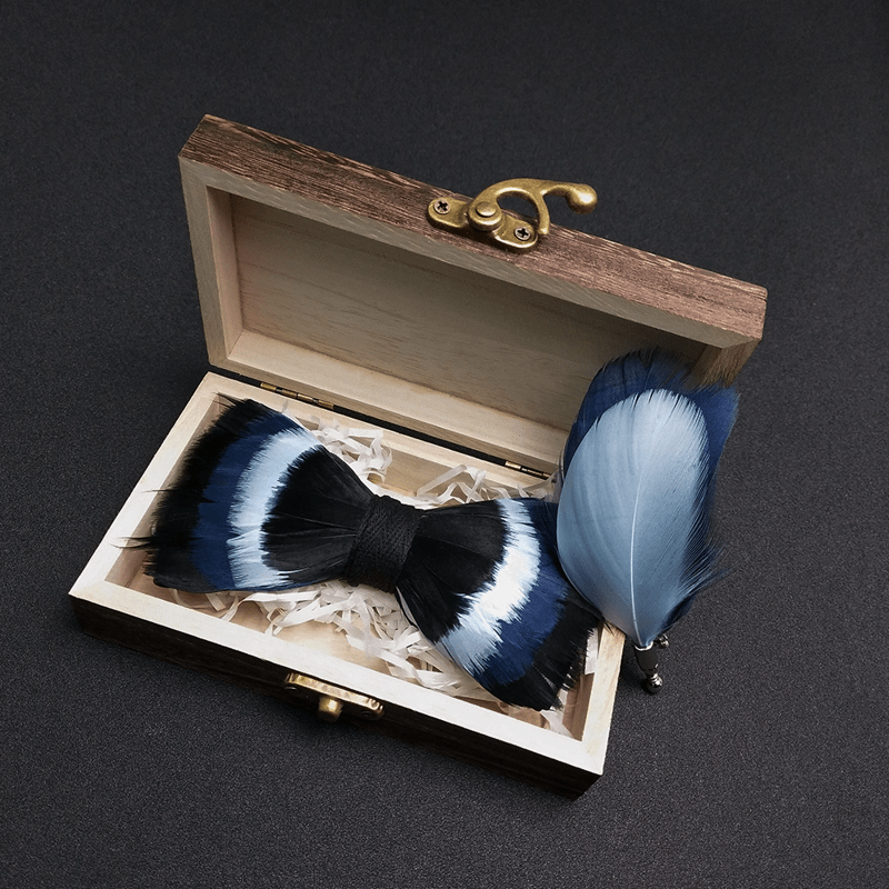Black & Shade of Blue Feather Bow Tie with Lapel Pin - image 0