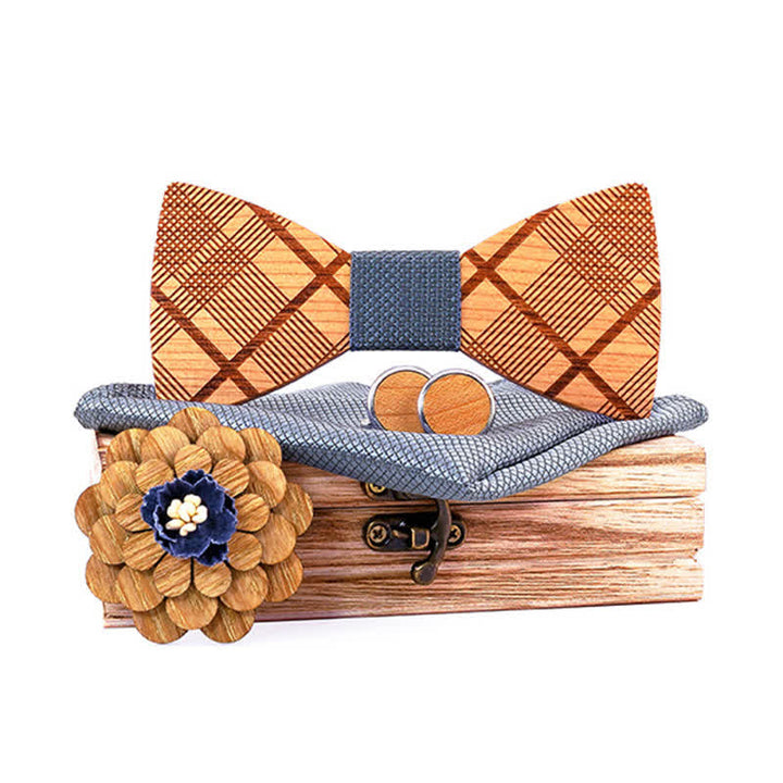 4Pcs Men's Carved Plaids Wooden Bow Tie Set