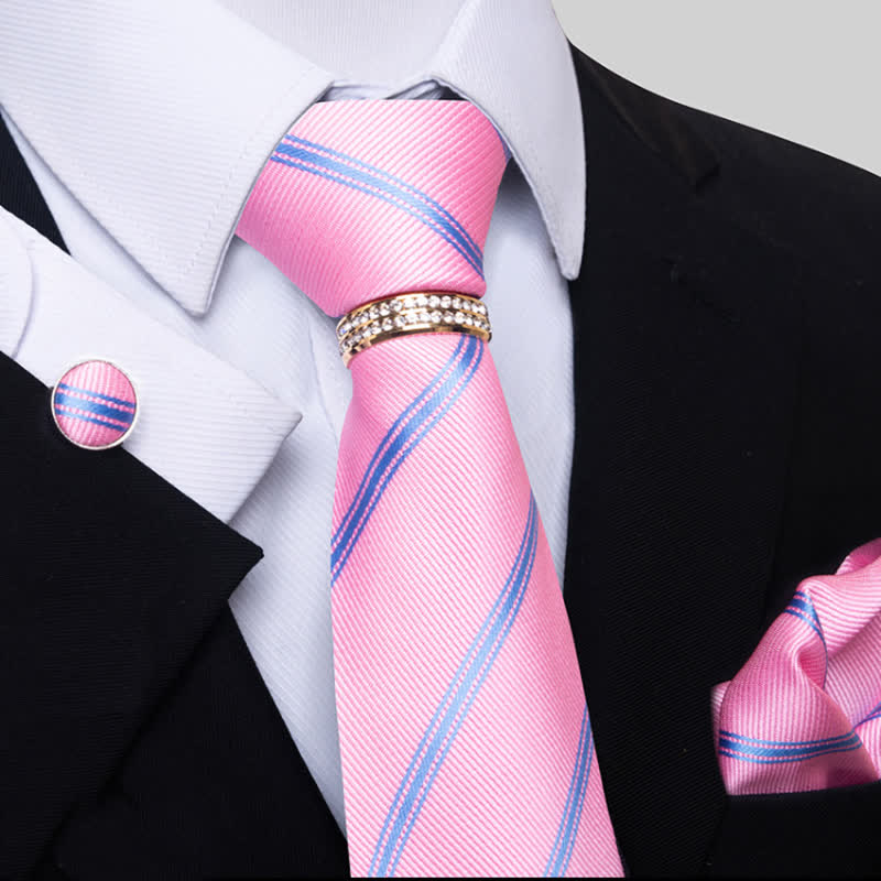 4Pcs Men's Striped Necktie Set With Tie Ring