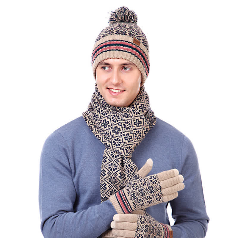 3Pcs Unisex Snowflake Hat Scarf Touchscreen Gloves Set