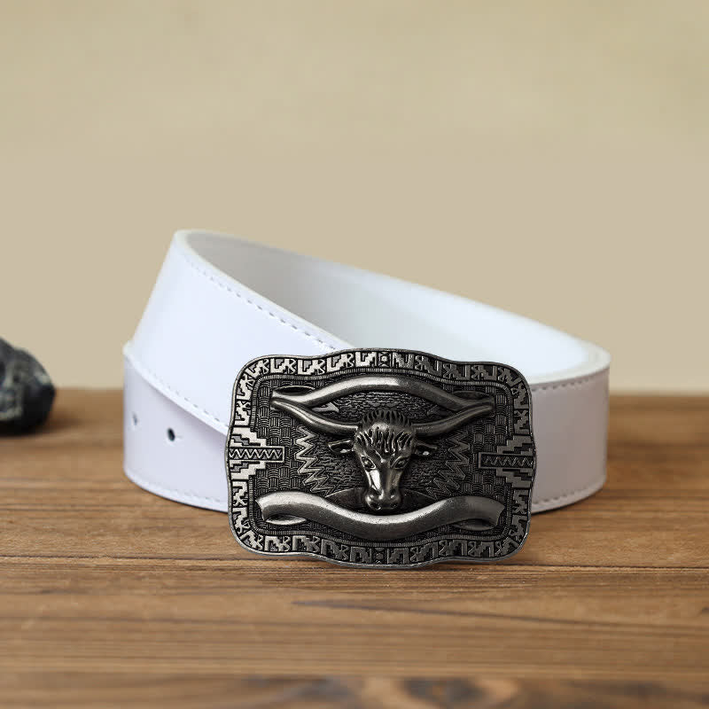 Men's DIY Silver Square Longhorn Bull Buckle Leather Belt