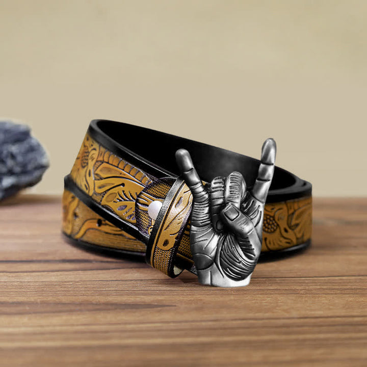 Men's DIY Cool Rock Love Gesture Buckle Leather Belt