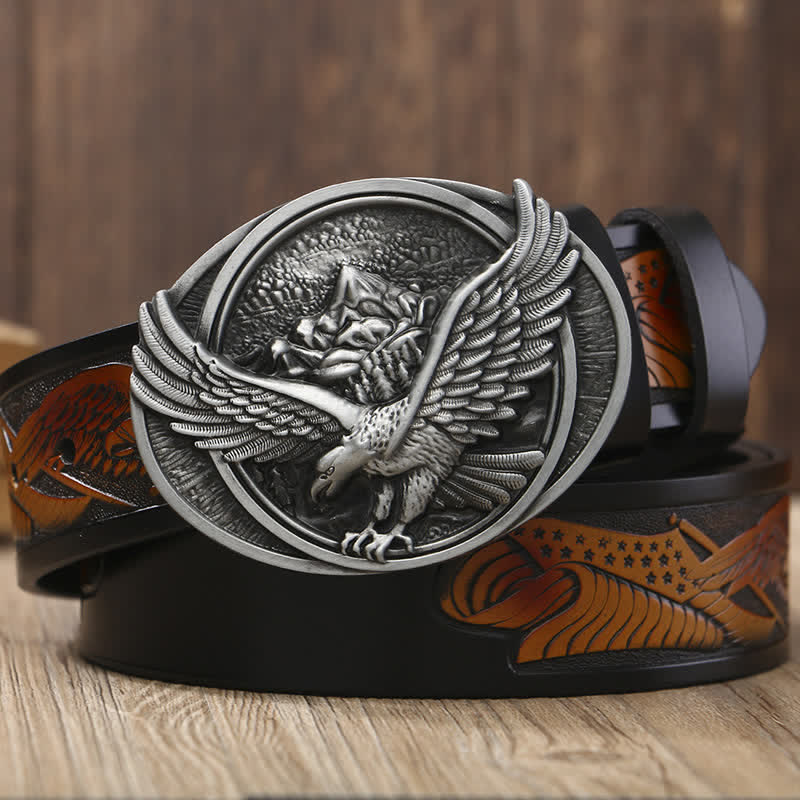 Men's Novelty Flying Eagle Buckle Carved Pattern Leather Belt - Black & Yellow / Silver - 46 - image 7