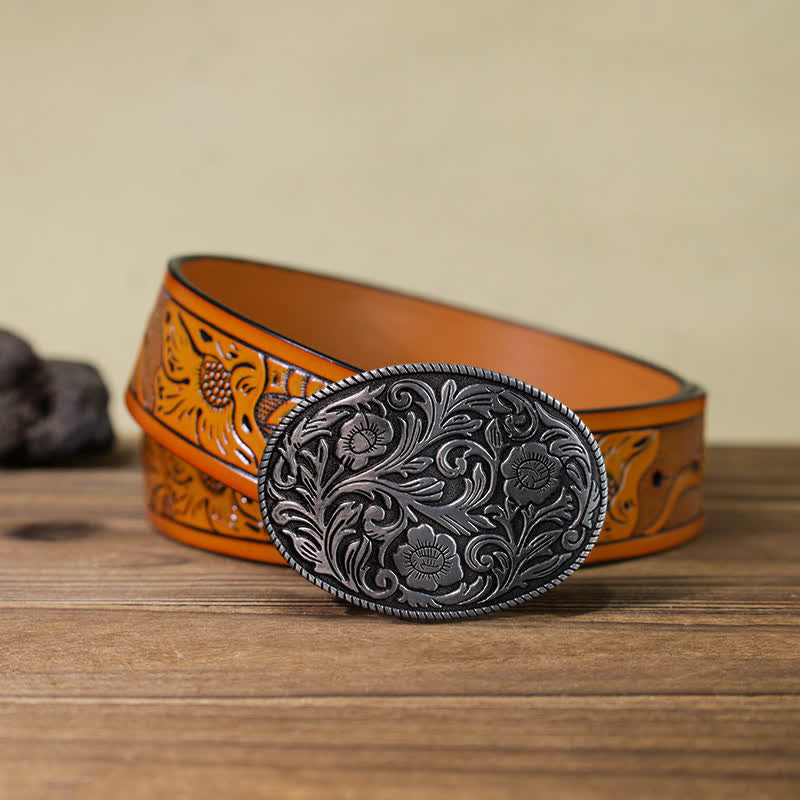 Men's DIY Classical Floral Oval Buckle Leather Belt