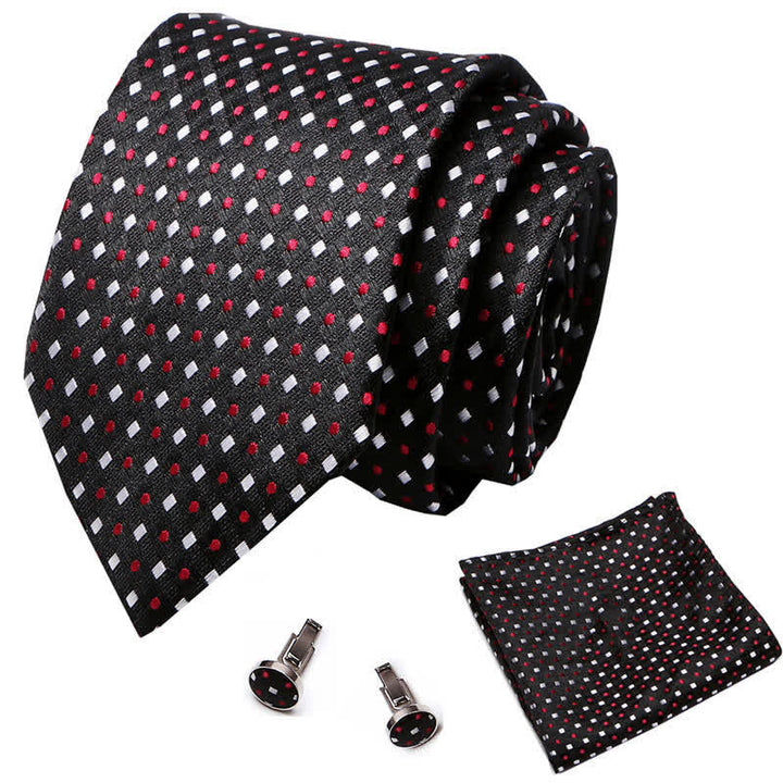 3Pcs Men's Red Dots & White Square Black Necktie Set