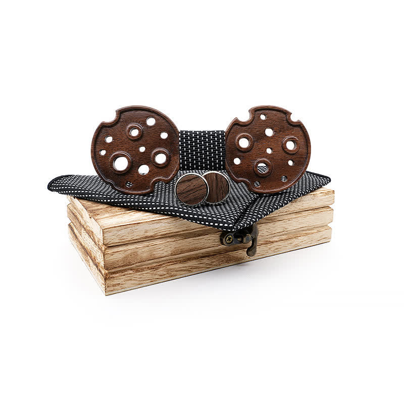 3Pcs Men's Hollow Circle Wooden Bow Tie Set