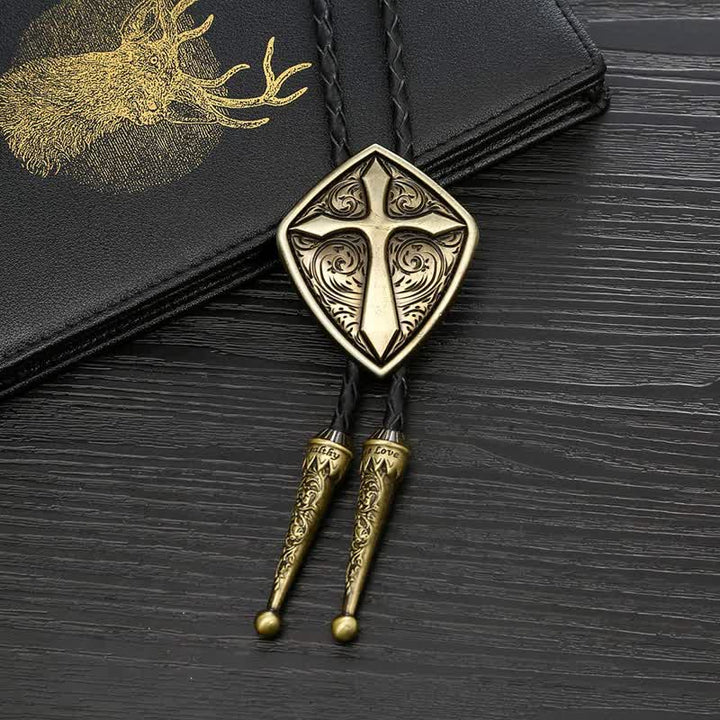 Antiqued Etching Cross Roman Shield Bolo Tie