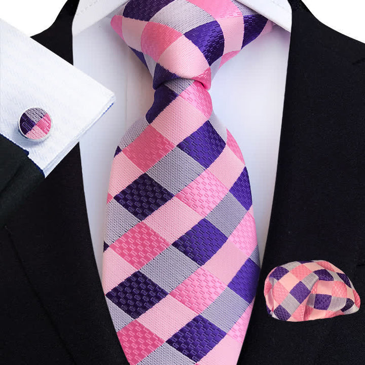 3Pcs Men's Bright Color Plaid Necktie Set - Pink & Purple - image 2