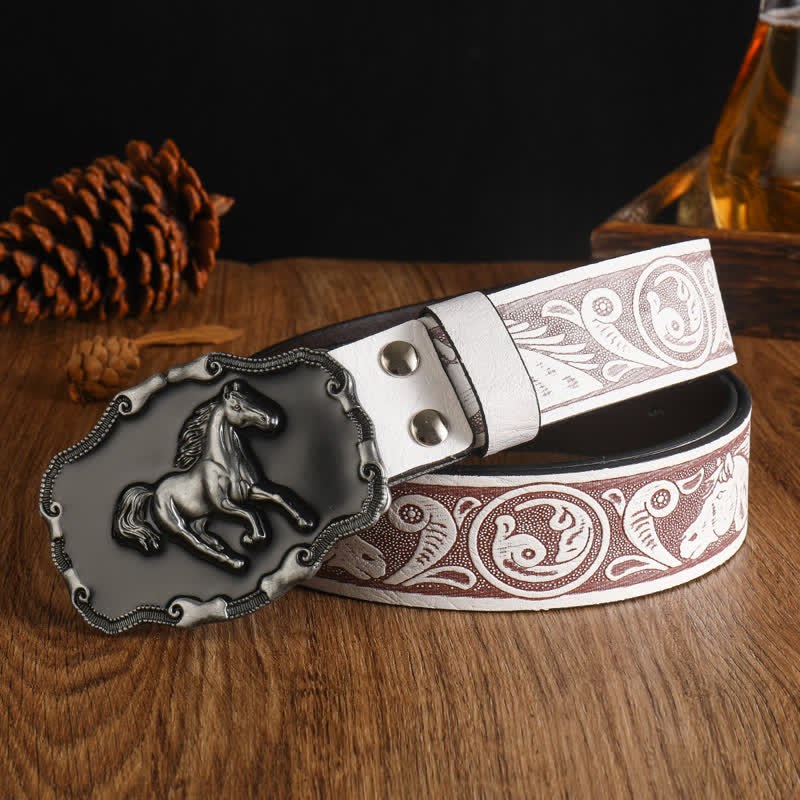 Men's Black Silver Running Horse Leather Belt - Style #5 - 42 - image 9