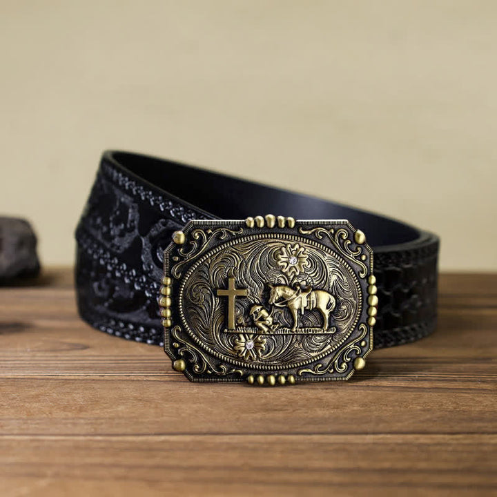 Men's DIY Horse Cross Kneeling Prayer Buckle Leather Belt