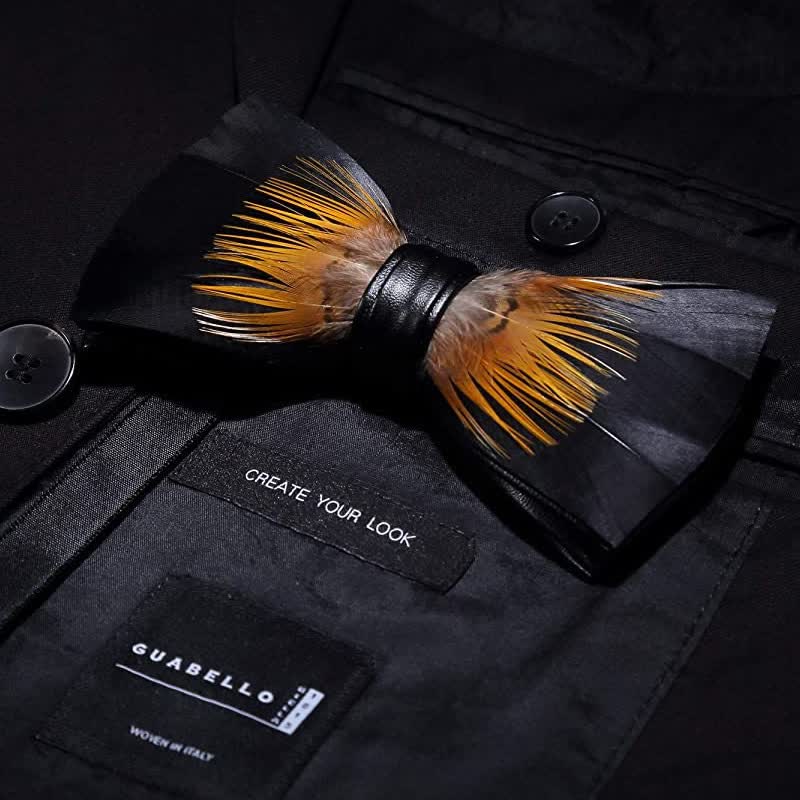 Orange & Black Sunflower Feather Bow Tie with Lapel Pin - image 1