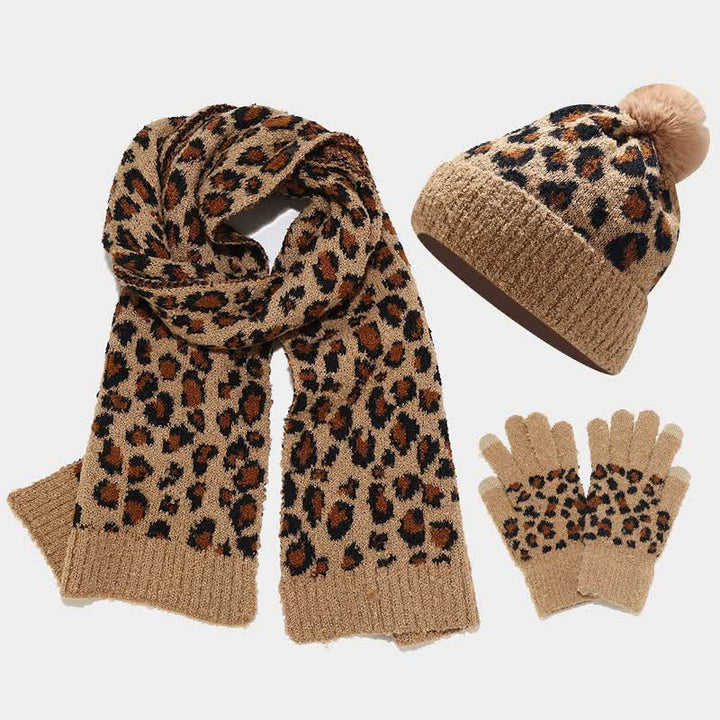 3Pcs Women's Leopard Print Hat Scarf Gloves Set