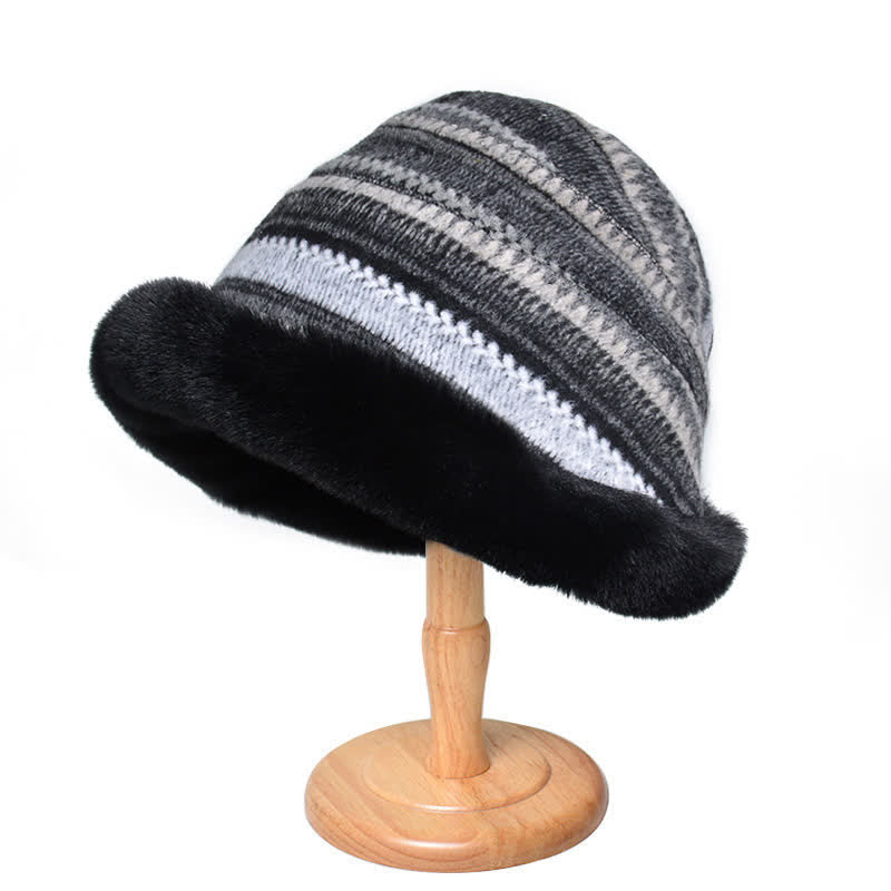 Women's Striped Warm Plush Brim Bucket Hat