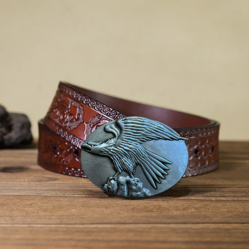 Men's DIY Eagle On Stone Buckle Leather Belt