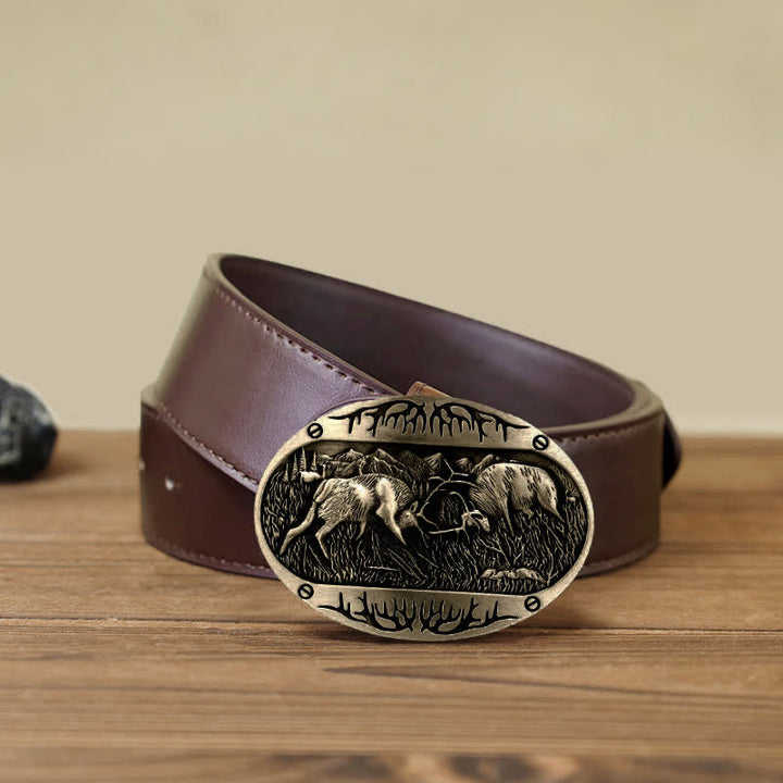 Men's DIY Wild Fighting Deer Buckle Western Leather Belt