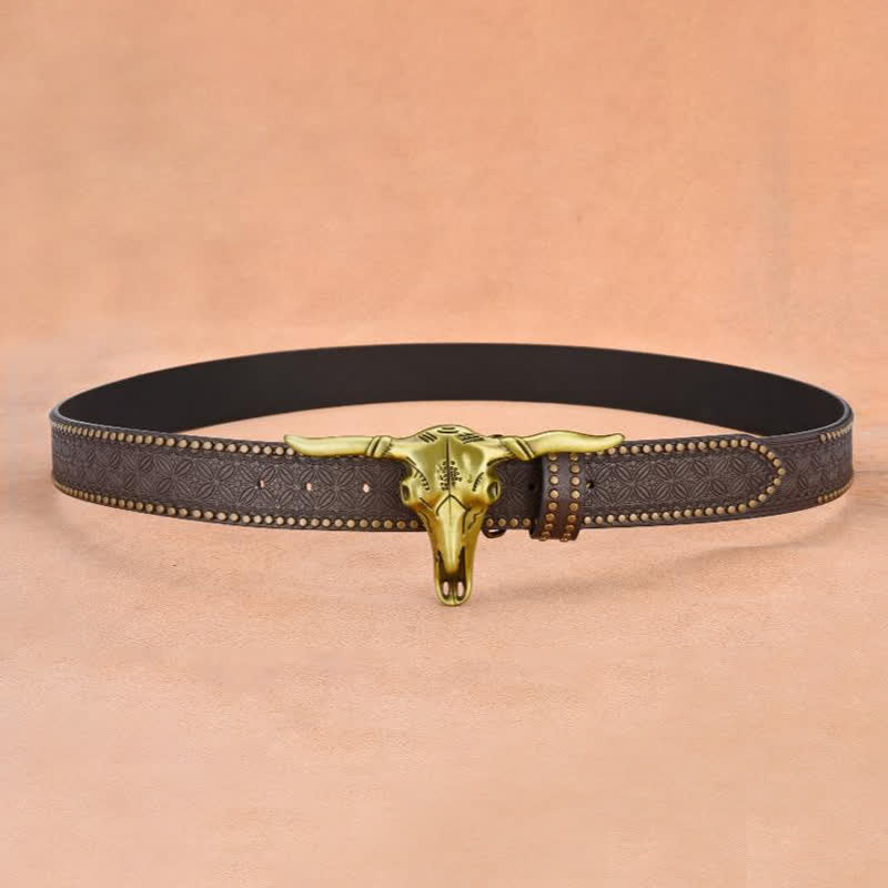 Men's Western Cattle Head Rivet Embossed Leather Belt