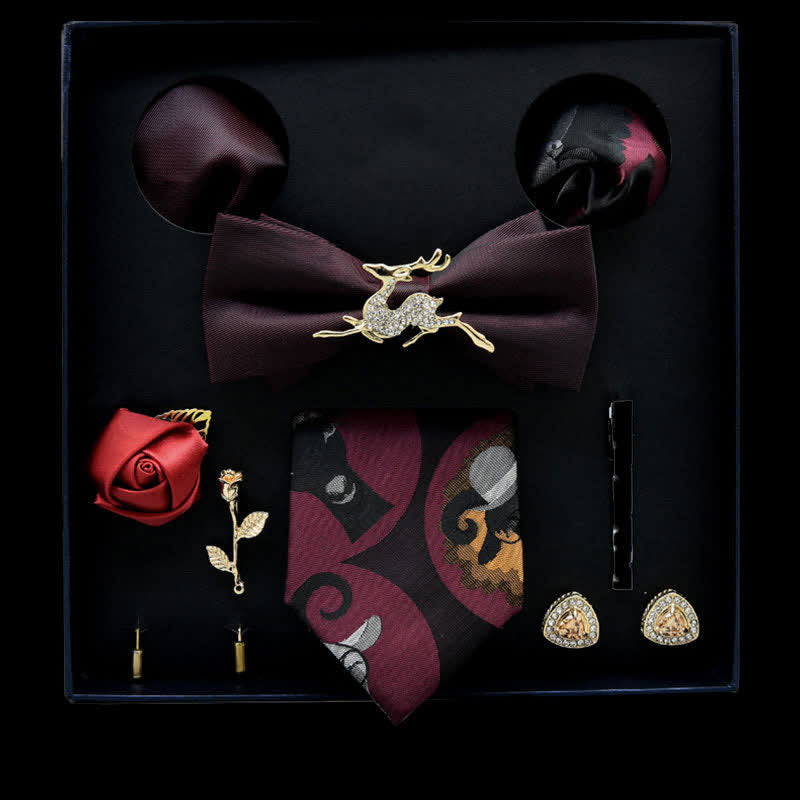 8Pcs Burgundy&Black Floral Casual Necktie Bow Ties Gift Box - Burgundy&Black - image 0
