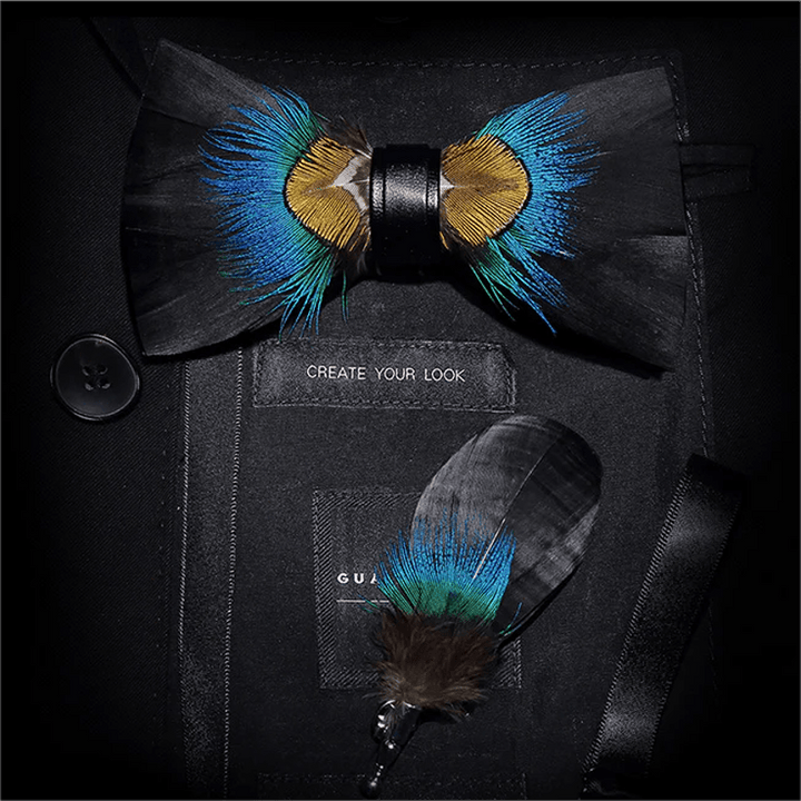 Blue & Black Pheasant Feather Bow Tie with Lapel Pin