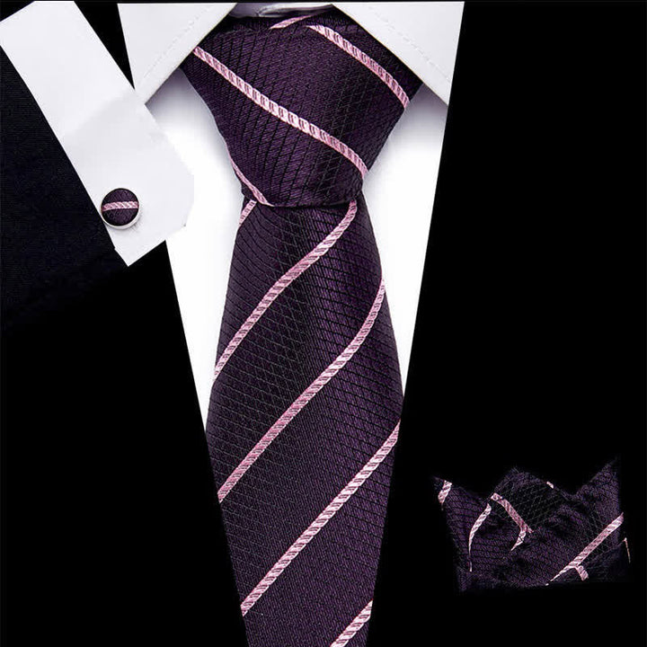 3Pcs Men's Trendy DarkMagenta Striped Necktie Set