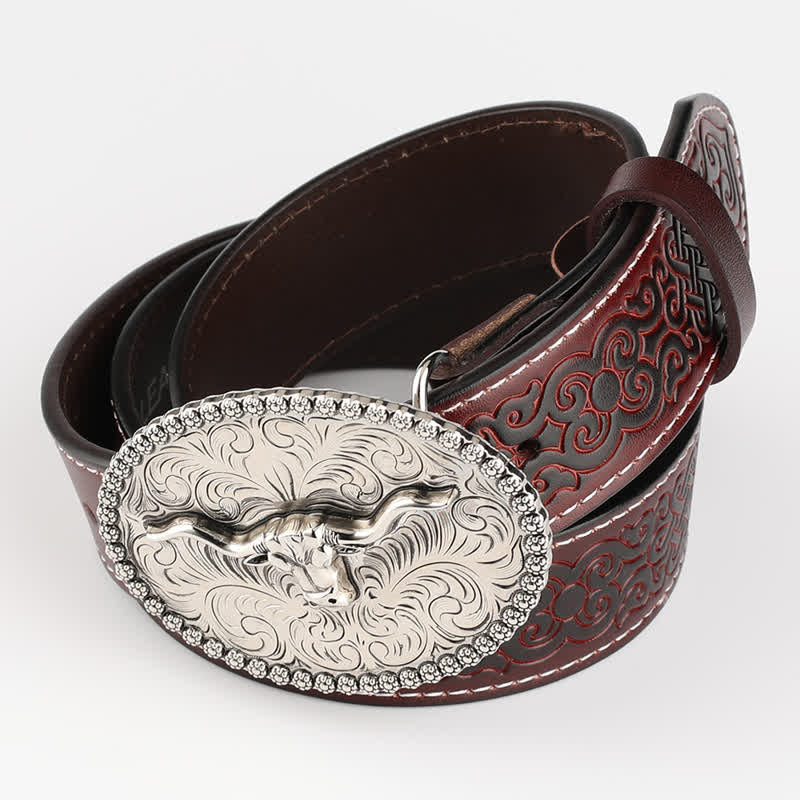 Men's Engarved Feather Bull Jeans Leather Belt