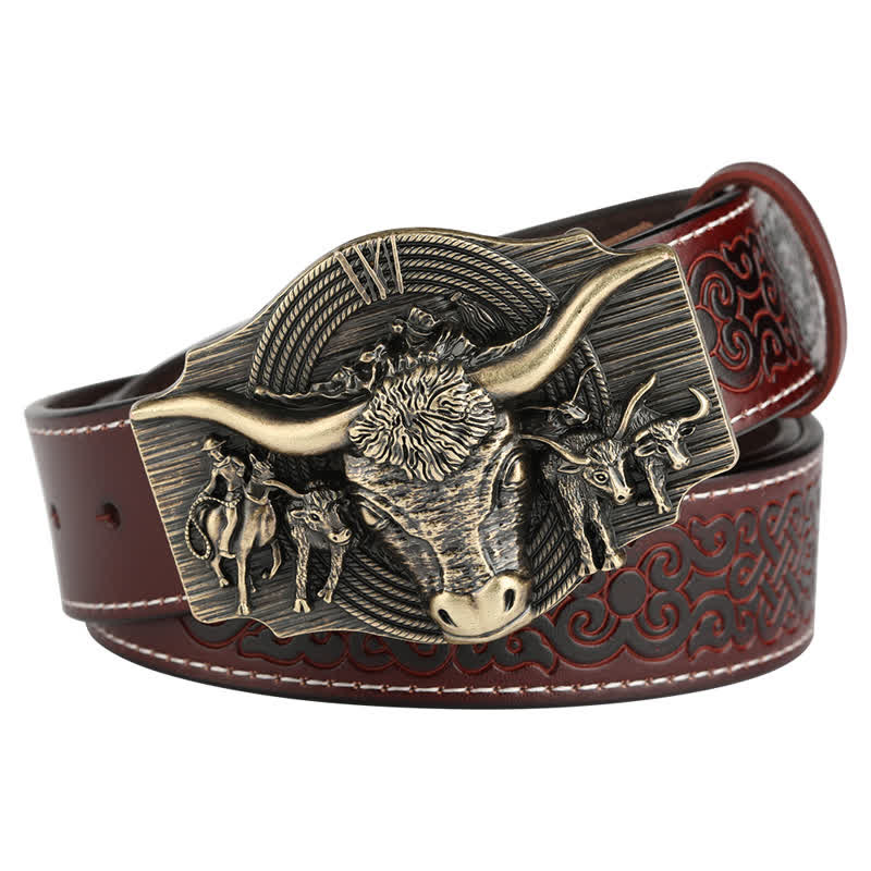 Men's Longhorn Bull Embossed Leather Belt - Brown / Bronze - 46 - image 12