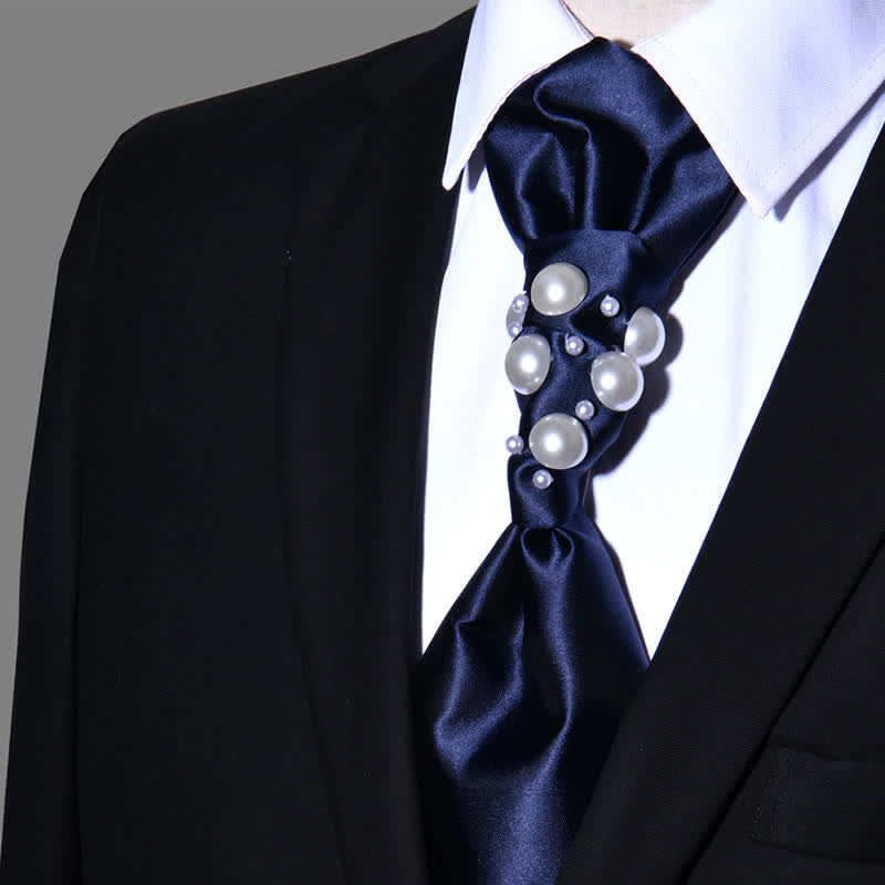 Men's Vintage Look Pearls Wedding Necktie - Navy - image 8
