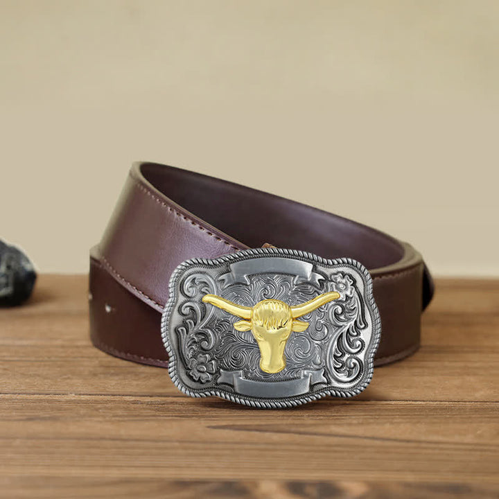 Men's DIY Gold Carving Animal Buckle Leather Belt - Bull - Brown PU Belt (40) - image 41