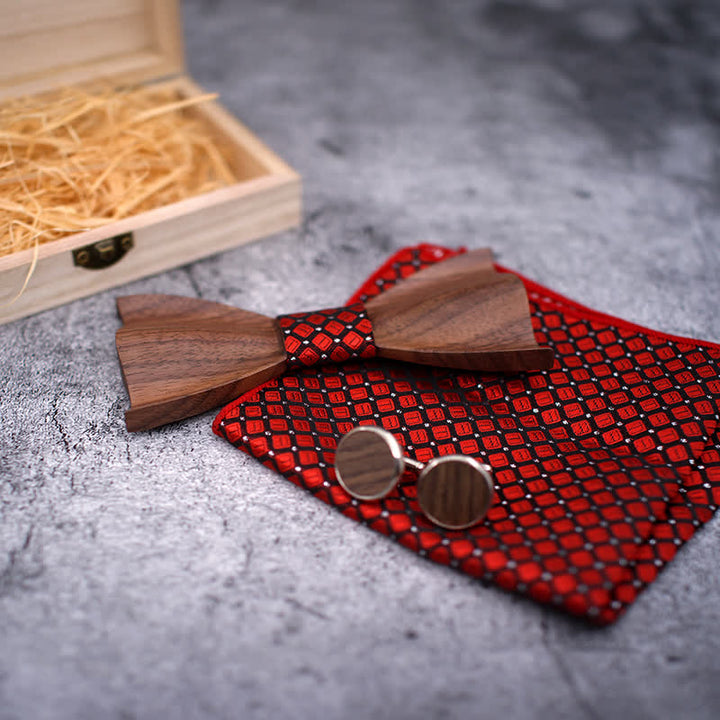 3Pcs Men's 3D Black Walnut Wooden Bow Tie Set