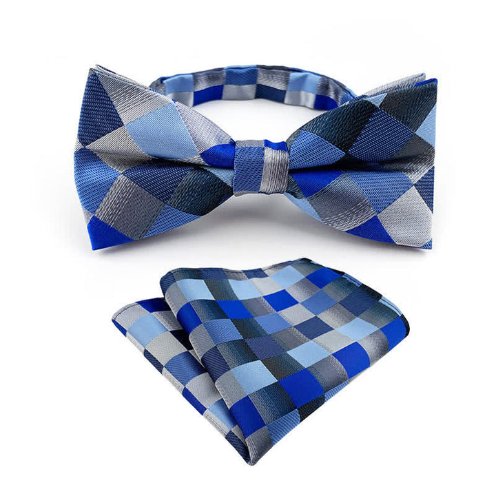 2Pcs Men's Fancy Plaid Striped Bow Tie Pocket Square Set