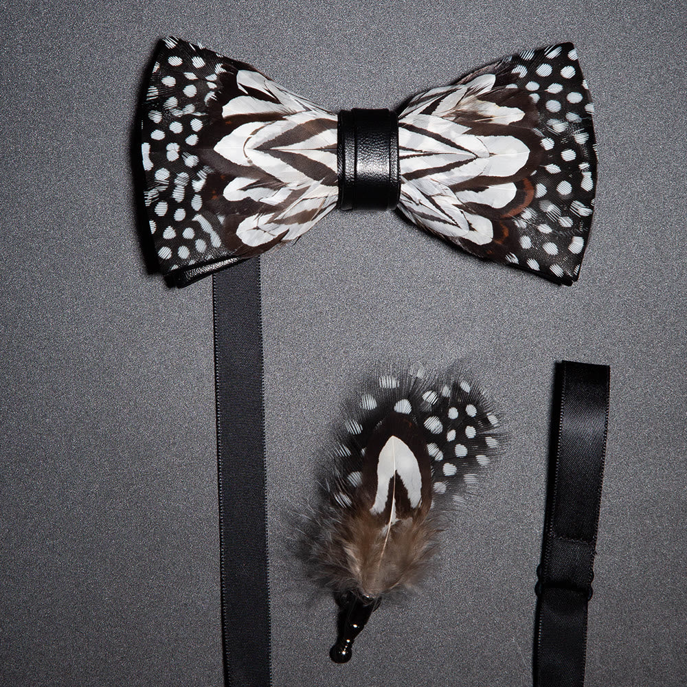 Black & White Owl Feather Bow Tie with Lapel Pin