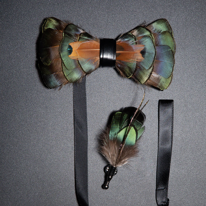 Emerald Green & Gold Feather Bow Tie with Lapel Pin