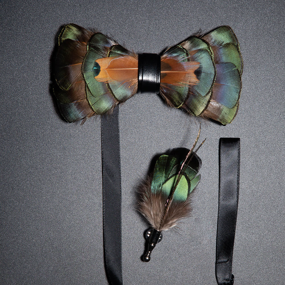 Kid's Emerald Green & Gold Feather Bow Tie with Lapel Pin