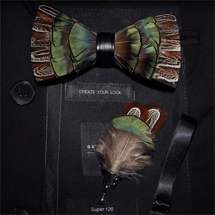 Kid's Brown & Green Forest Retro Feather Bow Tie with Lapel Pin