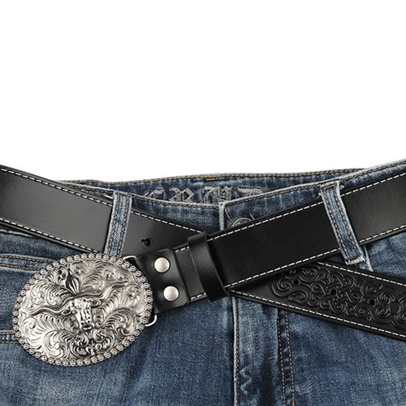 Men's Engarved Feather Bull Jeans Leather Belt