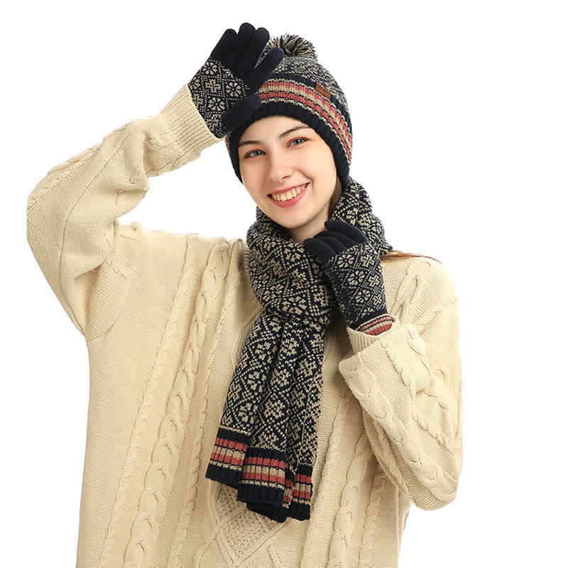 3Pcs Unisex Snowflake Hat Scarf Touchscreen Gloves Set