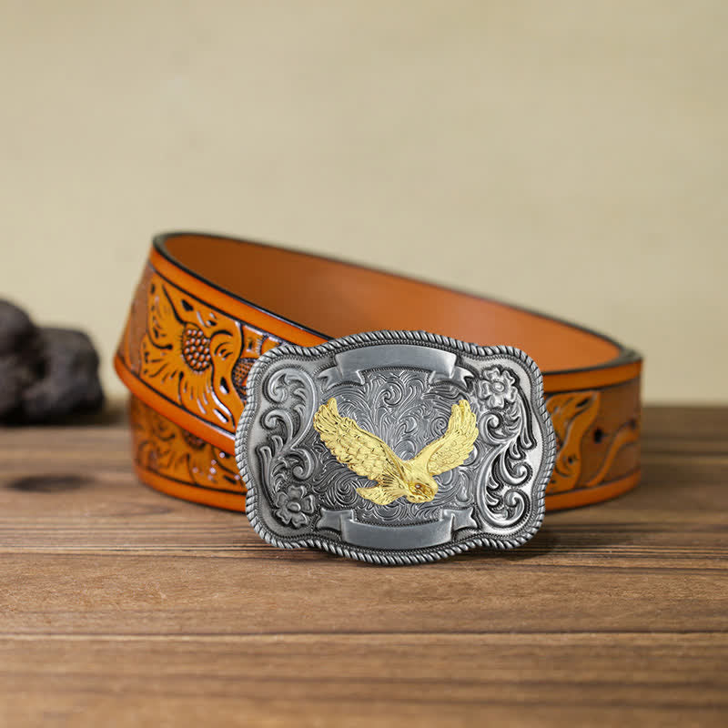 Men's DIY Gold Carving Animal Buckle Leather Belt - Eagle - Orange Carved Belt (40) - image 18
